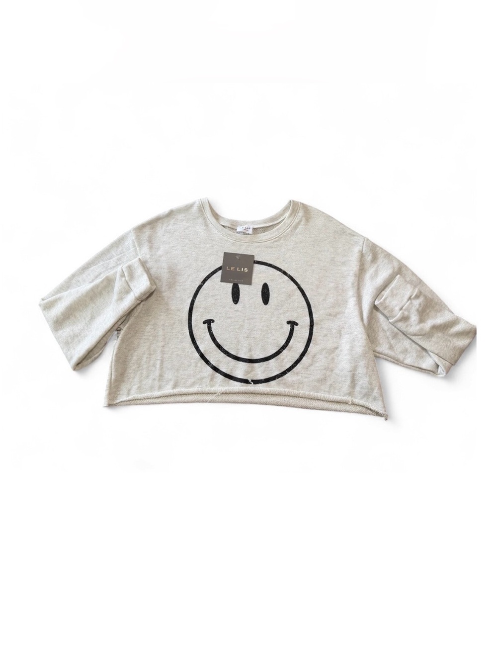 Le Lis Collection Smiley Face Cropped Sweatshirt Gray KT3667-42 Medium NWT